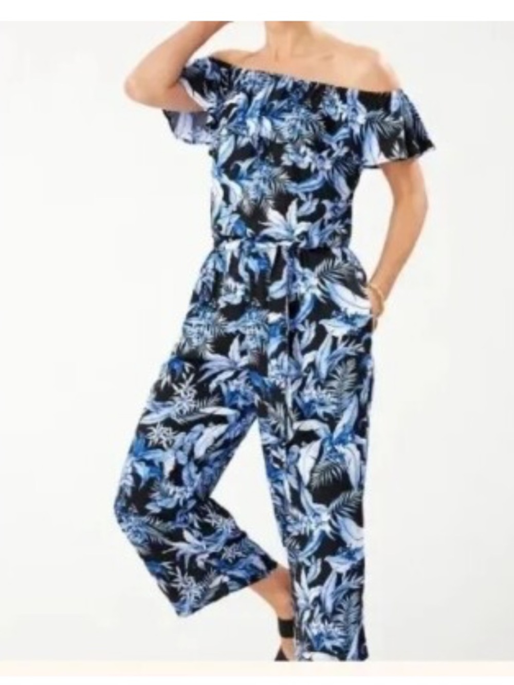 Tommy Bahama Blue Floral Off-Shoulder Straight Leg Jumpsuit